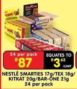 Shoprite NESTLÉ SMARTIES 17g/TEX 18g/KITKAT 20g/BAR-ONE 21g 24 per pack offer