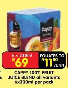 Shoprite CAPPY 100% FRUIT JUICE BLEND all variants 6x330ml per pack offer