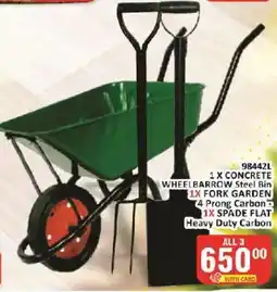 KitKat Cash and Carry CONCRETE WHEELBARROW Steel Bin 1X FORK GARDEN 4 Prong Carbon 1X SPADE FLAT Heavy Duty Carbon offer
