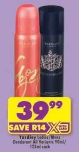 Shoprite Yardley Ladies/Mens Deodorant offer