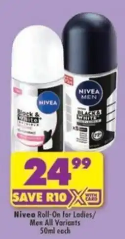 Shoprite Nivea Roll-On for Ladies/Men offer
