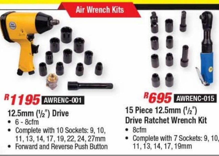 Air Wrench Kits 15 Piece 12,5mm 1/2" Drive Ratchet Wrench Kit offer at Adendorff Machinery Mart