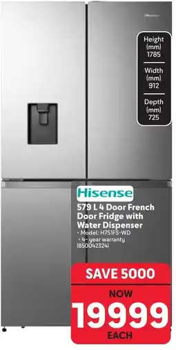 Makro Hisense 579 L 4 Door French Door Fridge with Water Dispenser offer