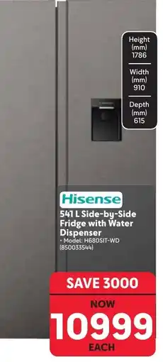 Makro Hisense 541 L Side-by-Side Fridge with Water Dispenser offer
