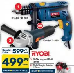 Pick n Pay Hypermarket RYOBI 650W Impact Drill 13mm or RYOBI 850W Angle Grinder 115mm offer
