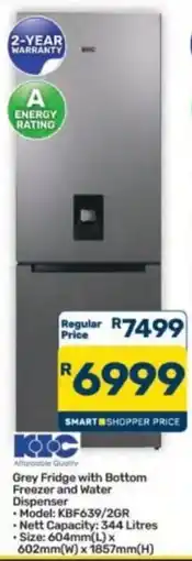 Pick n Pay Hypermarket KOC Grey Fridge with Bottom Freezer and Water Dispenser offer