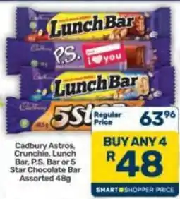 Pick n Pay Hypermarket Cadbury Astros, Crunchie, Lunch Bar, P.S. Bar or 5 Star Chocolate Bar Assorted offer