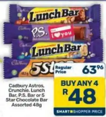 Cadbury Astros, Crunchie, Lunch Bar, P.S. Bar or 5 Star Chocolate Bar Assorted