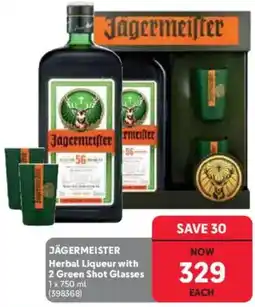 Makro’s liquor Jägermeister Herbal Liqueur with 2 Green Shot Glasses offer