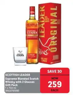 Makro SCOTTISH LEADER Supreme Blended Scotch Whisky with 2 Glasses Gift Pack offer