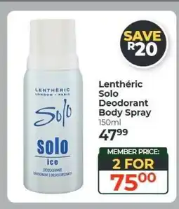 Dis-Chem Lenthéric Solo Deodorant Body Spray offer