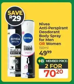 Dis-Chem Nivea Anti-Perspirant Deodorant Body Spray for Men OR Women offer