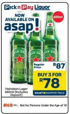 Pick n Pay Hypermarket Heineken Lager 650ml offer