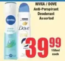 Boxer NIVEA / DOVE Anti-Perspirant Deodorant Assorted offer