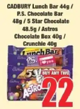 Boxer Cadbury Lunch Bar / P.S. Chocolate Bar / 5 Star Chocolate / Astros Chocolate Box / Crunchie offer