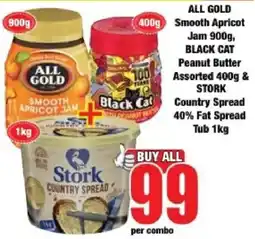 Boxer ALL GOLD Smooth Apricot Jam & BLACK CAT Peanut Butter Assorted & STORK Country Spread offer