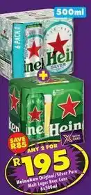 Heineken - original/silver pure malt lager beer cans