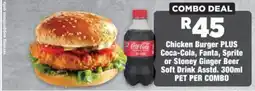 OK MiniMark Chicken Burger PLUS Coca-Cola, Fanta, Sprite or Stoney Ginger Beer Soft Drink Assorted offer