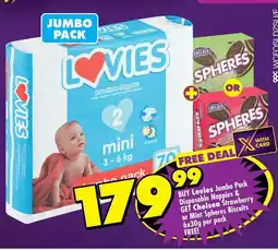 Shoprite Lovies - jumbo pack disposable nappies & chelsea strawberry or mint spheres biscuits offer