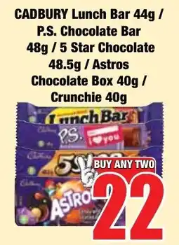 Boxer Superstores CADBURY Lunch Bar / P.S. Chocolate Bar / 5 Star Chocolate / Astros Chocolate Box / Crunchie offer