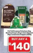 Pick n Pay All purpose potatoes, beetroot carry bag, gem squash, green peppers offer