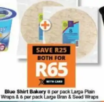 Checkers Blue Shirt Bakery 8 per pack Large Plain Wraps & 8 per Pack Large Bran & Seed Wraps offer