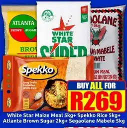 Three Star Cash and Carry White Star Maize Meal Spekko Rice Atlanta Brown Sugar Segaalane Mabele offer