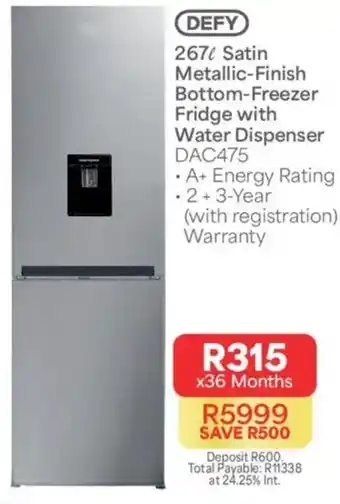 DEFY 267l Satin Metallic-Finish Bottom-Freezer Fridge with Water Dispenser DAC475