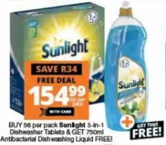 Checkers Sunlight 5-in-1 Dishwasher Tablets & Antibacterial Dishwashing Liquid 750ml offer