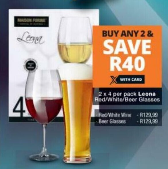 Leona Red/White/Beer Glasses 2x4 per pack offer at Checkers