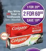 Dis-Chem Colgate Max White Or Total 12 Toothpaste Assorted-75ml offer