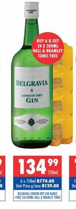 Ultra Liquors Belgravia London Dry Gin Range + Free 24x200ml Hall & Bramley Tonic offer