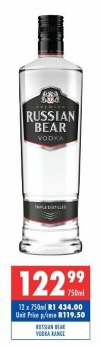 Ultra Liquors Russian Bear Vodka Range 750ml offer