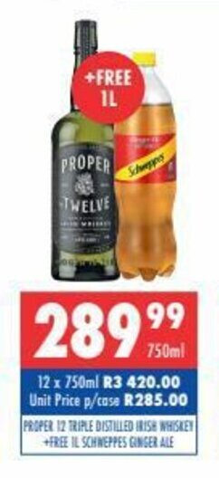 Ultra Liquors Proper 12 Triple Distilled Irish Whiskey + Free 1L Schweppes Ginger Ale 750ml offer