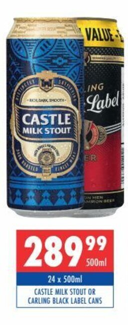 Ultra Liquors Castle Milk Stout or Carling Black Label Cans 24x500ml offer