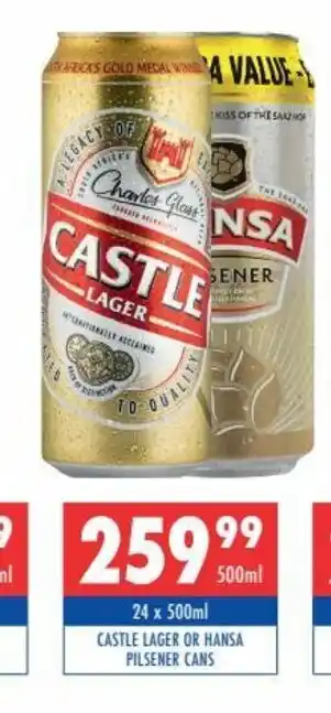 Ultra Liquors Castle Lager or Hansa Pilsener Cans 24 x 500ml offer