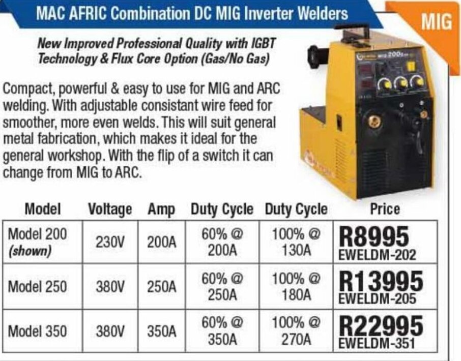 Mac Afric Combination DC MIG Inverter Welders EWEDM-202 offer at ...