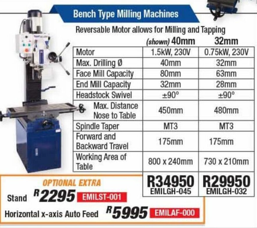 Bench Type Milling Machine 40mm EMILGH045 offer at Adendorff Machinery