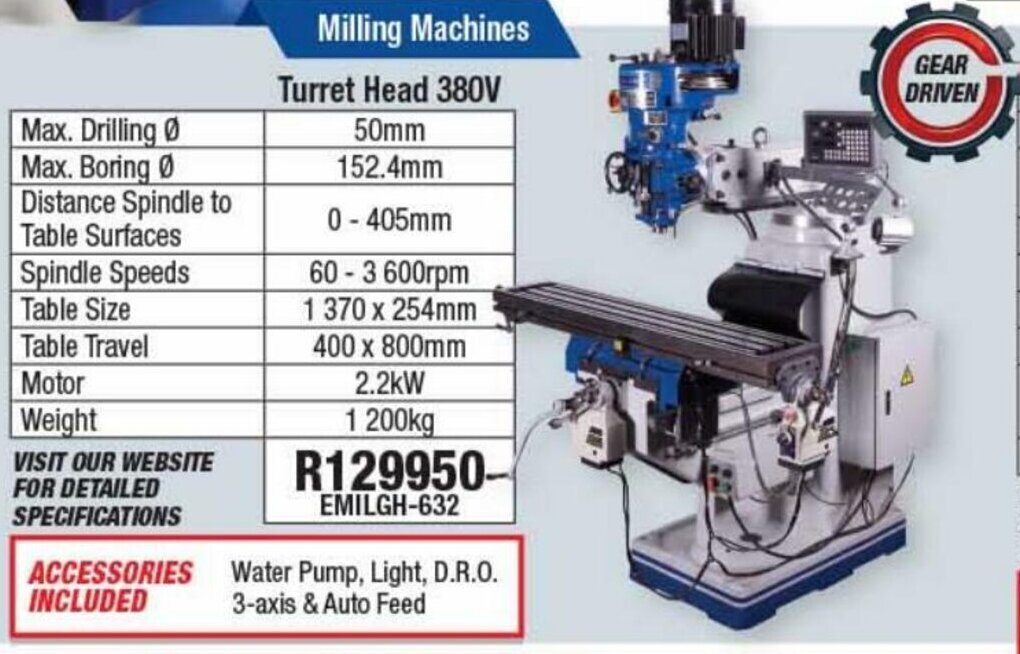Adendorff Machinery Mart Milling Machines Turret Head 380V EMILGH-632 offer