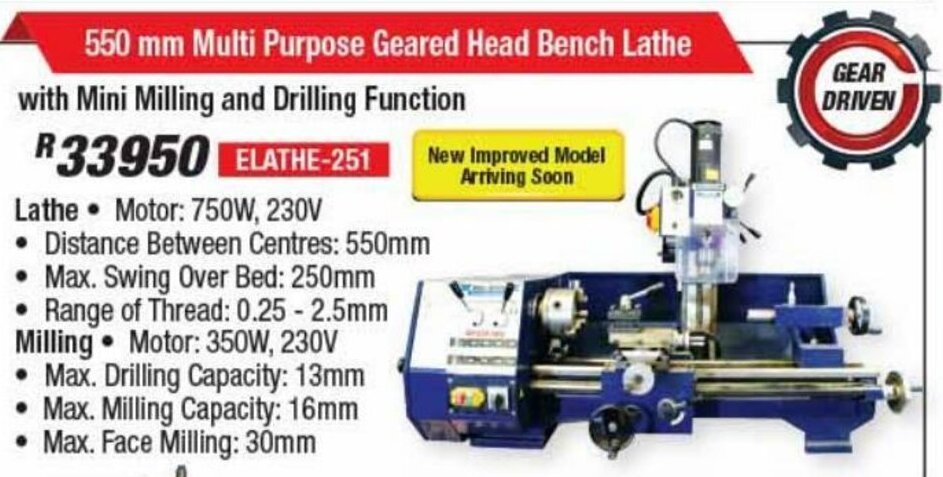 Adendorff Machinery Mart Multi Purpose Geared Head Bench Lathe with Mini Milling and Drilling Function offer