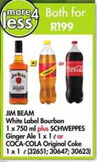 Makro’s liquor Jim Beam White Label Bourbon 750ml Plus Schweppes Ginger Ale 1L or Coca-Cola Original Coke 1L offer