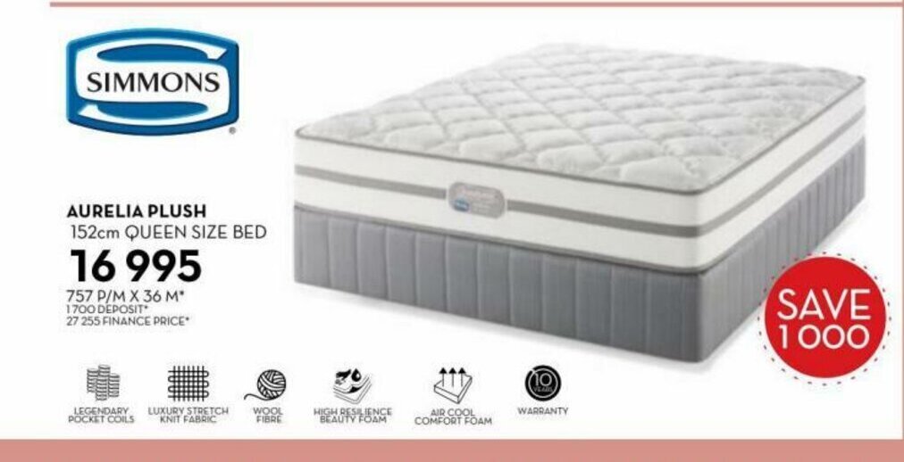 SIMMONS Aurelia Plush 152cm Queen Size Bed offer at Rochester