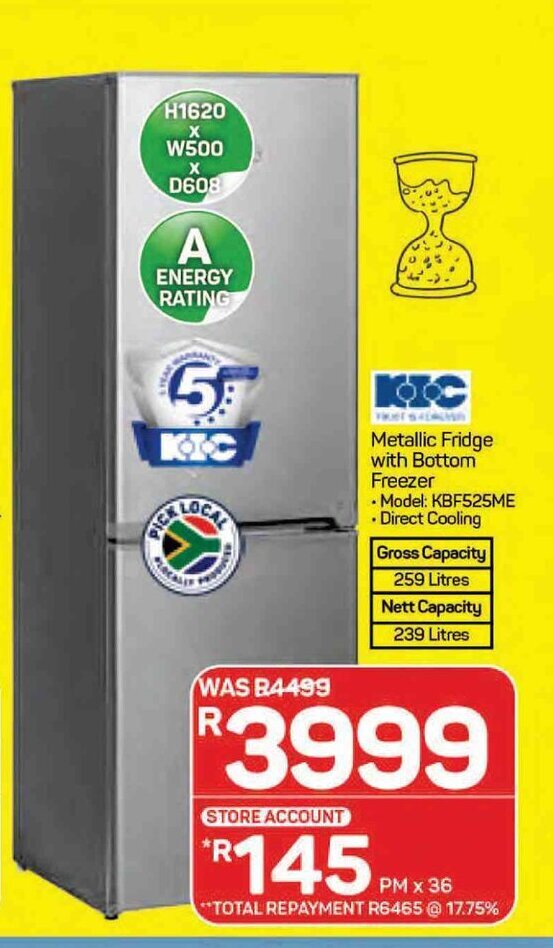 KIC Metallic Fridge with Bottom Freezer offer at Pick n Pay