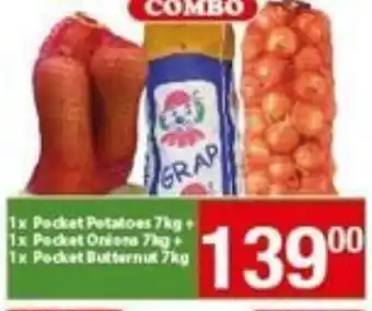 Check Save 1x Packet Potatoes 7kg + 1x Packet Onions 7kg + 1x Packet Butternut 7kg offer