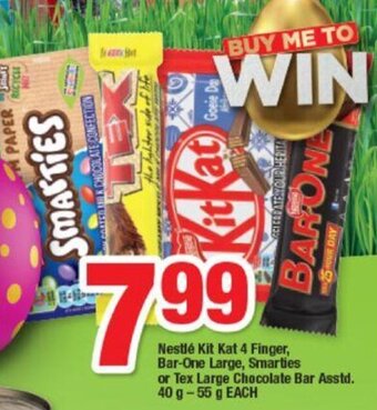 Nestlé Kit Kat 4 Finger, Bar-One Large, Smarties or Tex Large Chocolate Bar 40g - 55g
