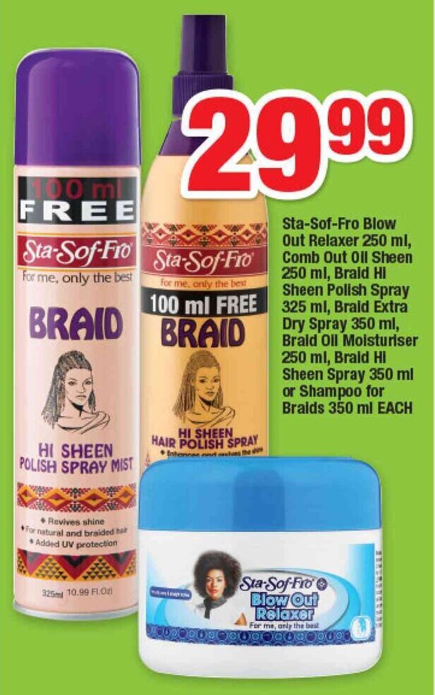 OK Foods sta-Sof-fro Blow Out Relaxer, Comb Out Oil, Braid Polish/Dry Spray, Moisturiser, Shampoo offer