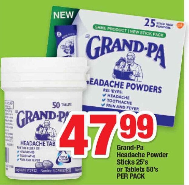 OK Foods Grand-Pa Headache Powder Sticks 25's or Tablets 50's offer