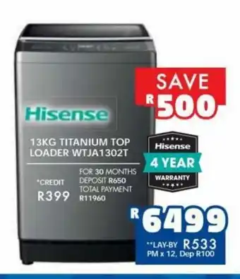 Russells Hisense - 13kg Titanium Top Loader WTJA1302T offer
