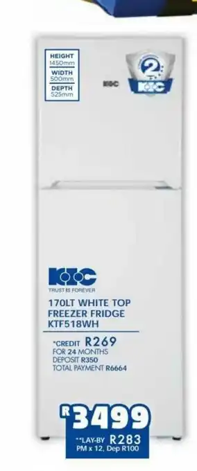 Russells KIC - 170lt White Top Freezer Fridge KTF518WH offer