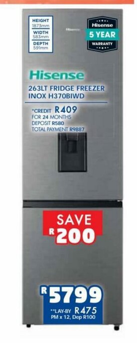 Russells Hisense - 263lt Fridge Freezer Inox H370BIWD offer